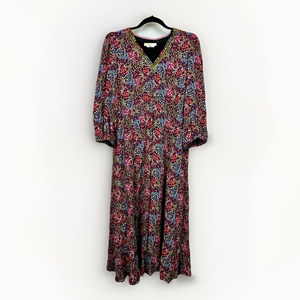 Boden Floral V-Neck 3/4 Sleeve Floral Midi Dress Multicolor Pockets Women 16/ 18